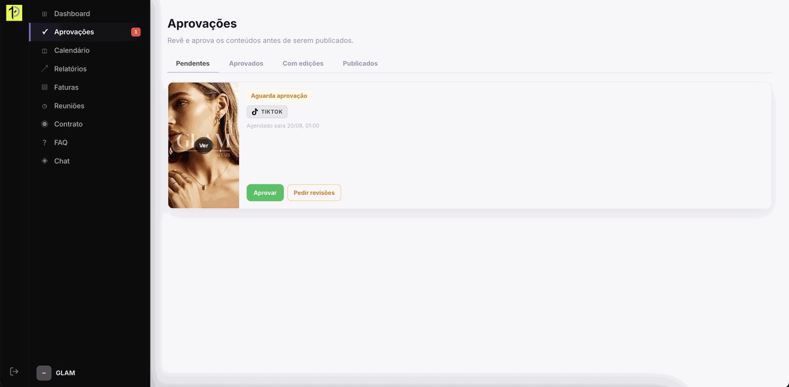 Interface da One Damn Place — painel de aprovações de conteúdo