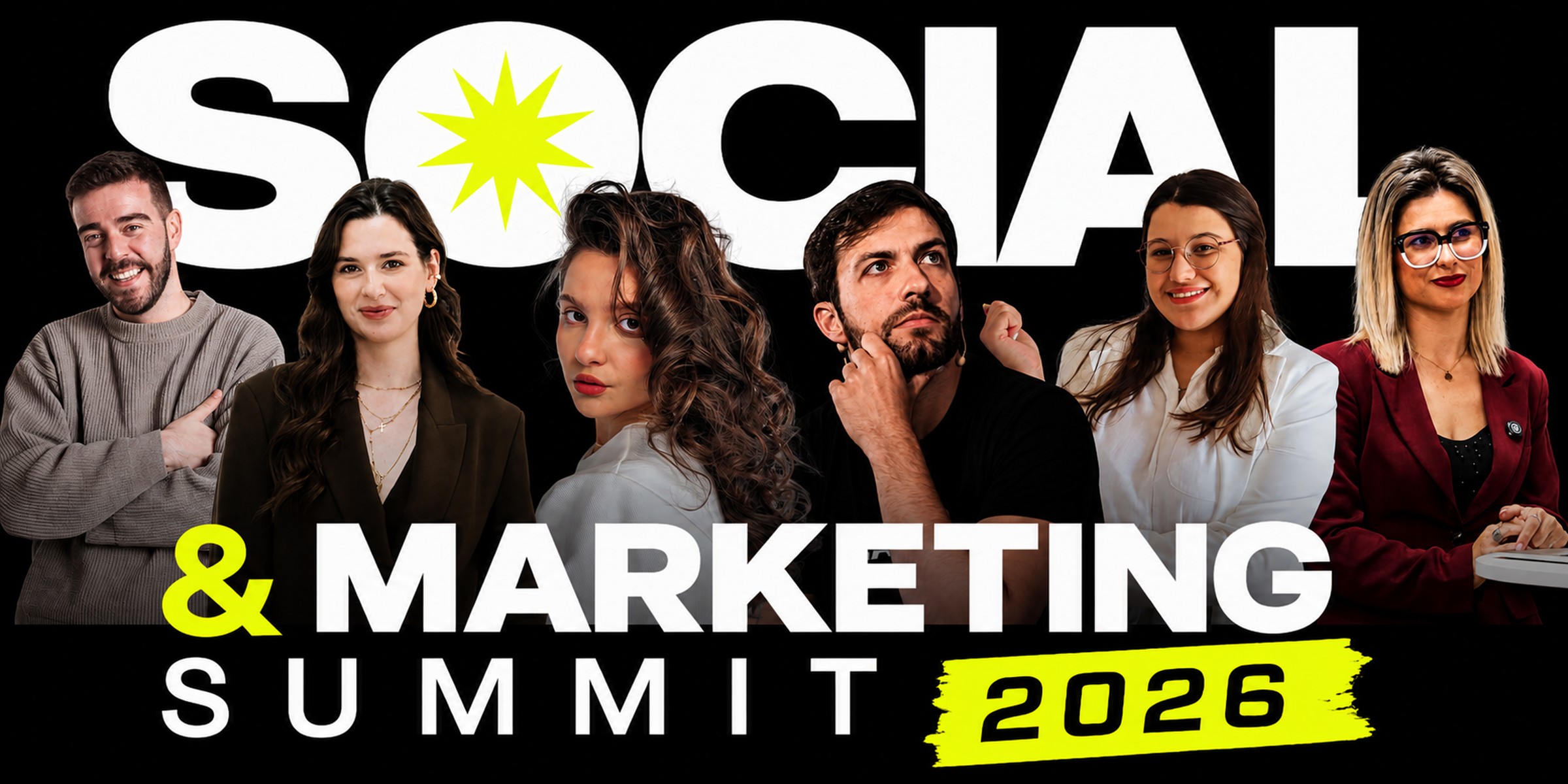 Social & Marketing Summit 2026 — João Seagull, Márcia Arôcha, Marta Oliveira, Luciano Larrossa, Joana Rodrigues e Patrícia Gonçalves